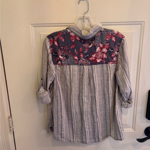 Free People Blue and White Striped Button-Up with Floral Trim oversized fit - Picture 3 of 5